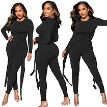 Latest Design Long Sleeve Bodysuit Temperament False Two Black Milk Silk Pleated Slim Jumpsuit