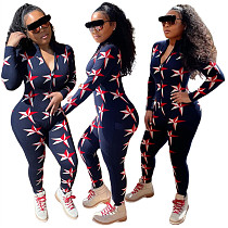 New Arrival 2021 Fall One Piece Jumpsuit Sexy Long Sleeve Zipper Print Tight Casual Jumpsuit