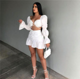 Newest Design 2021 Casual Solid Color Fall 2 Piece Set Women Puff Sleeve Pleated Skirt Sexy Crop Top Two Piece Set