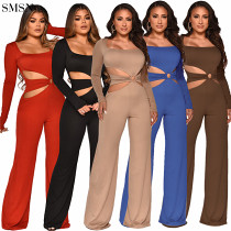 Newest Design Fall Jumpsuits Temperament Solid Color Hollow Out Long Sleeve Wide Leg Pants Jumpsuit