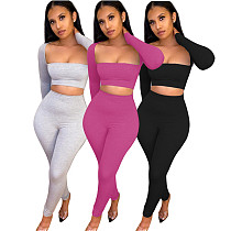 Newest Design Casual Solid Color Right Angle U Collar Fall 2 Piece Set Women Stretch Fabric Bodycon Two Piece Pants Set