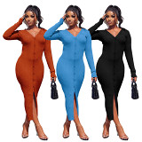 High Quality Autumn Casual Solid Color Women Bodycon Club Dress Sexy V Neck single-breasted Slit Dress