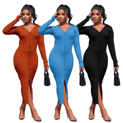 High Quality Autumn Casual Solid Color Women Bodycon Club Dress Sexy V Neck single-breasted Slit Dress