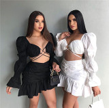 Newest Design 2021 Casual Solid Color Fall 2 Piece Set Women Puff Sleeve Pleated Skirt Sexy Crop Top Two Piece Set