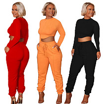 New Arrival 2021 Casual Long Sleeve Crop Top Fall 2 Piece Set Women Solid Color Two Piece Pants Set