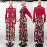 New Arrival 2021 Elegant Casual Dresses Fall And Winter Long Sleeve Sexy Print Skirt With Belt Dress