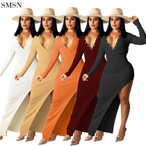 New Arrival 2021 Elegant Casual Dresses Rib Long Sleeve Sexy Slim Backless Dress