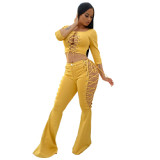 Newest Design Casual Solid Color Fall 2 Piece Set Women Clothing Sexy Bandage Crop Top Flared Trousers Two Piece Set