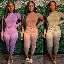 High Quality Casual Sport Solid Color Long Sleeve Round Collar Fall 2 Piece Set Women Bodycon Two Piece Pants Set