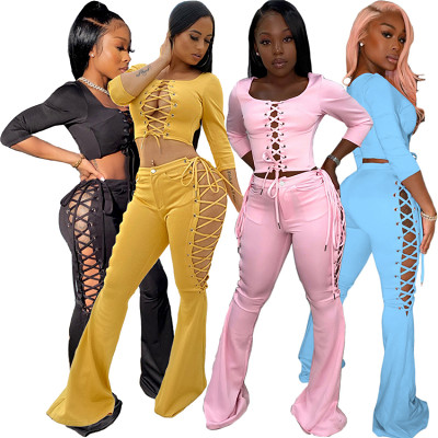 Newest Design Casual Solid Color Fall 2 Piece Set Women Clothing Sexy Bandage Crop Top Flared Trousers Two Piece Set