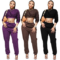 New Trendy Casual Sport Solid Color Round Collar Crop Top Fall 2 Piece Set Women Clothing Two Piece Pants Set