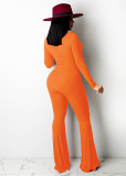 Best Design Autumn Women Solid Color Crop Top Bandage Sexy Bodysuit Long Sleeve Micro Flared Pants one piece jumpsuit