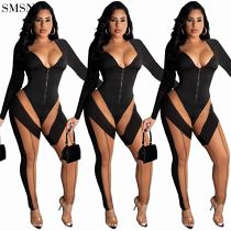 High Quality Long Sleeve Jumpsuit Fashion V-Neck Stitched Mesh Perspective Slim Fit Jumpsuit