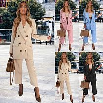 Women Clothing Summer lapel double button suit coat straight Fall Solid Color Two Piece Pants Sets For Women