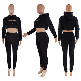 New Arrival 2021 Autmn Winter Casual Solid Color Crop Top Hoodie Three Piece Women Clothing 3 Piece Pants Set