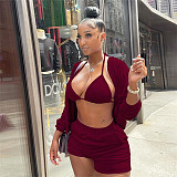 New Arrival 2021 Solid Color Fall 3 Piece Set Women Clothing Sexy Three piece Shorts Set