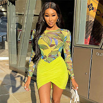 New Arrival Sexy Club Wear Long Sleeve See Through Short Women Two Piece Bodysuit Ruched Skirt Set