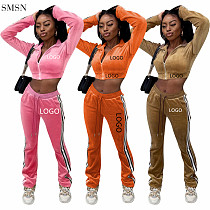 Fashion 2021 Velvet Crop Top Joggers Pants Two Piece Pants Set Casual Side Stripe Women Two Piece Pants Set