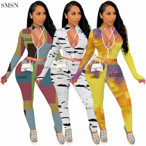 Fashion 2021 Casual Print Sportswear Ladies 2 Piece Set Women Zipper Crop Top Two Piece Pants Set