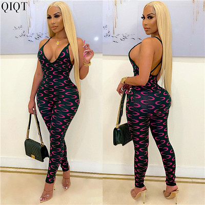 New Style S-5Xl Plus Size Leggings Deep V Neck Strappy Sling Sexy Jumpsuit Sleeveless Printed Jumpsuits