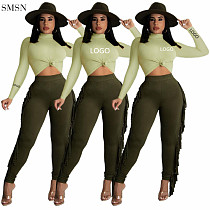 New Arrival 2021 Women Fall Clothing Tassel Two Piece Pants Set Sexy Gree Crop Top 2 Piece Set