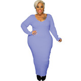 New Trendy Autumn Solid Color Long Sleeve V Neck Plus Size Women's Dresses Sexy Maxi Dress