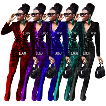 Newest Design Autumn Casual Solid Color Velvet Fabric Small Suits Micro Flared Trousers Women 2 Piece Set