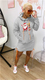 New Arrival 2021 Autumn Winter Casual Dress Father Christmas Print Solid Color Hoodie Ladies Dress