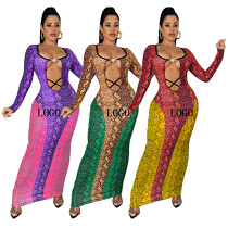 New Arrival 2021 Autumn Long Sleeve Hollow Out Sexy Snakeskin Print Bodycon Dress Party Prom Maxi Dress