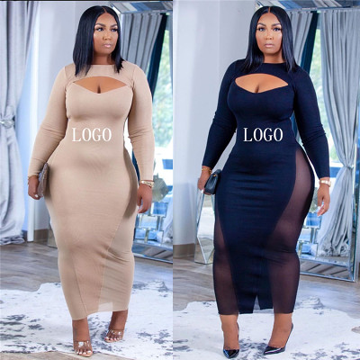 Best Design Autumn Solid Color Long Sleeve Perspectivity Night Club Dress Sexy Bodycon Maxi Dress