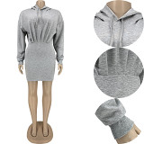 New Arrival 2021 Autumn Winter Purified Cotton Casual Dress Solid Color Hoodie Ladies Long Sleeve Short Dress