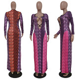 New Arrival 2021 Autumn Long Sleeve Hollow Out Sexy Snakeskin Print Bodycon Dress Party Prom Maxi Dress