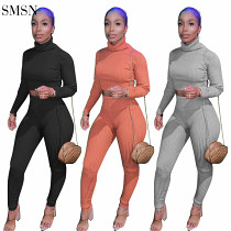 Casual Fall 2021 Women Clothing Elastic Pit Strip Solid Color High Neck Knit Two Piece Pants Jogger Set 2 Piece Sets