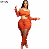 Good Quality Casual Elastic Tassels Halter Crop Top 2 Piece Set Solid Color Hollow Out Sexy Two Piece Sets Women