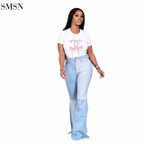 New Arrival 2021 Wholesale Sexy High Waisted Streetwear Patchwork Bell Bottom Jeans Denim Flared Jeans Women