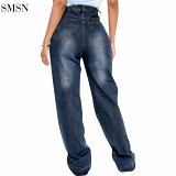 Hot Sale Women'S Deep Blue Loose Jean Straight Elastic Jeans Women Wide Leg Ripped Jeans
