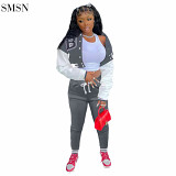 High Quality Single Breasted Pocket Letter Print Jacket Crop Top 2 Piece Sports Set Women Two Piece Leggings Set