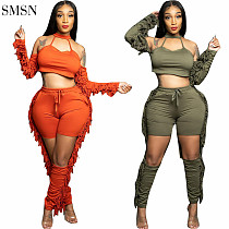 Good Quality Casual Elastic Tassels Halter Crop Top 2 Piece Set Solid Color Hollow Out Sexy Two Piece Sets Women
