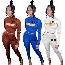 New Trendy Solid Color Long Sleeve Stand Collar Hollow Out Sexy Fall 2 Piece Set Women Bodycon Two Piece Pants Set