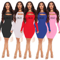 Newest Design Autumn Solid Color Long Sleeve Hollow Out Sexy Dress Women Club Dress