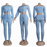 Best Design Solid Color Long Sleeve Strapless Sexy Crop Top 2 Piece Set Women Clothing Two Piece Pants Set