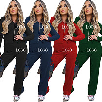 New Arrival Autumn Winter Casual Solid Color Round Collar Double Zipper Design 2 Piece Set Women Two Piece Pants Set