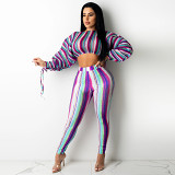 New Arrival  Casual Print Puff Sleeve Fall Crop Top 2 Piece Set Women Clothing Two Piece Pants Set