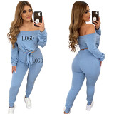 Best Design Solid Color Long Sleeve Strapless Sexy Crop Top 2 Piece Set Women Clothing Two Piece Pants Set