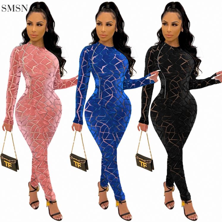 Best Design Sexy Tulle Patchwork Woman Bodycon Jumpsuits O Neck Zippers ...