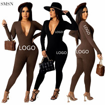 Fashionable Solid Color Long Sleeves V Neck Women Jumpsuit Fall 2021 Women Clothes Custom Logo Sexy One Piece Jumpsuits