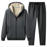 Fashionable Solid Color Sherpa Men Two Piece Set Winter Plus Size Casual Warm Hoodie Suit