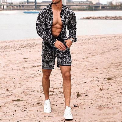 Fashion 2021 Print Long Sleeve Men's Casual Suits Summer Beach Men's Shirt Shorts Set