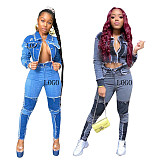 New Arrival Autumn Winter Casual Street Fashion Retro Stitching Washed Denim Suit 2 Piece Set Women Two Piece Pants Set