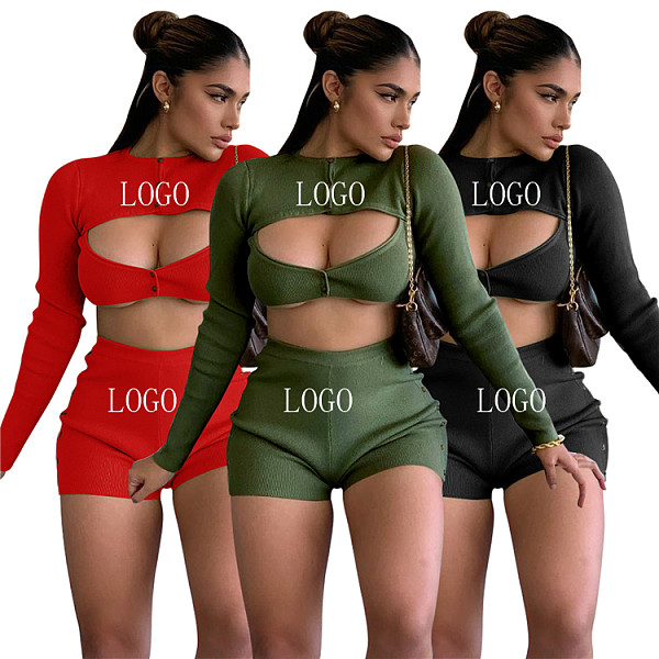 Newest Design Casual Solid Color Long Sleeve Hollow Out Sexy Fall Set Woman Shorts Sportswear Ladies 2 Piece Set